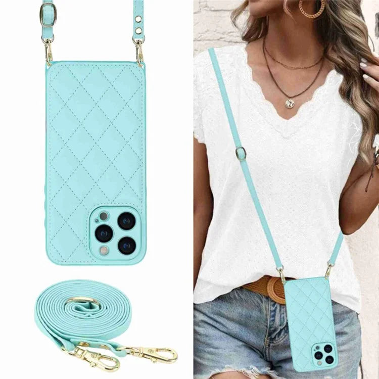 For iPhone 15 Pro Max Leather Back Case Rhombus Grid PU+TPU Cover Protector with Long Strap
