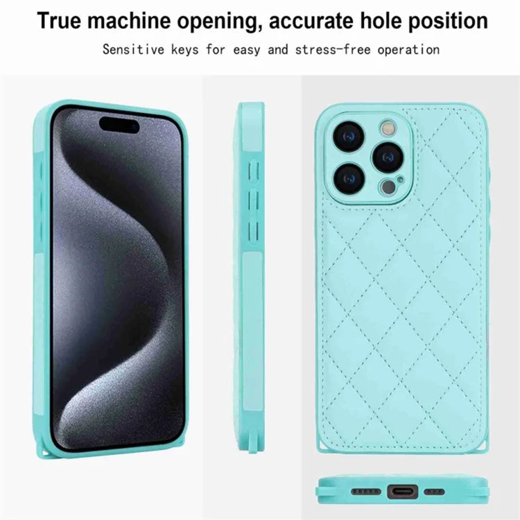 For iPhone 15 Pro Max Leather Back Case Rhombus Grid PU+TPU Cover Protector with Long Strap