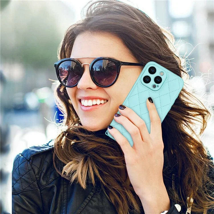 For iPhone 15 Pro Max Leather Back Case Rhombus Grid PU+TPU Cover Protector with Long Strap