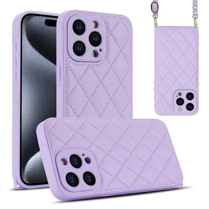 For iPhone 15 Pro Max Leather Back Case Rhombus Grid PU+TPU Cover Protector with Long Strap