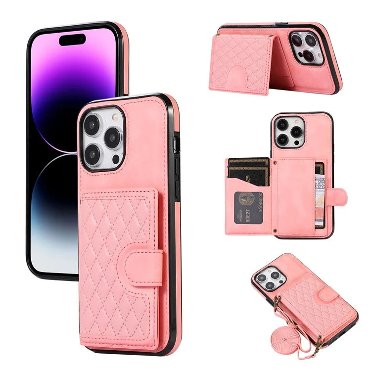 For iPhone 14 Pro Case Grid Imprinted Card Bag Leather TPU Cover with Strap