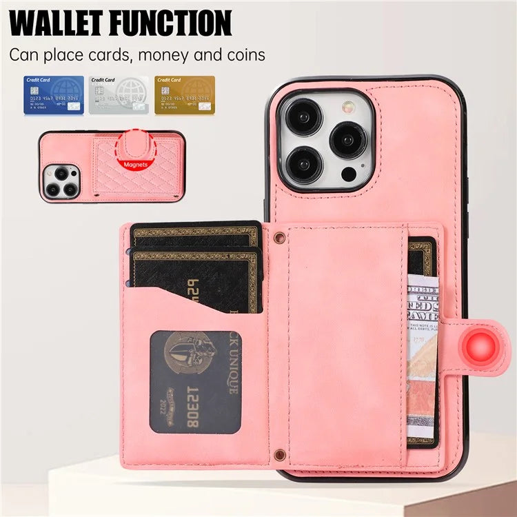 For iPhone 14 Pro Case Grid Imprinted Card Bag Leather TPU Cover with Strap