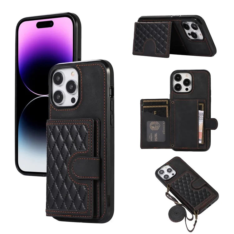 For iPhone 14 Pro Case Grid Imprinted Card Bag Leather TPU Cover with Strap