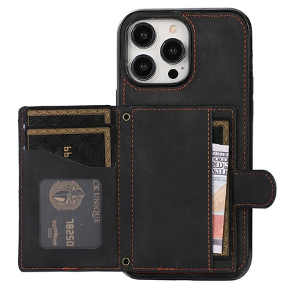 For iPhone 14 Pro Case Grid Imprinted Card Bag Leather TPU Cover with Strap