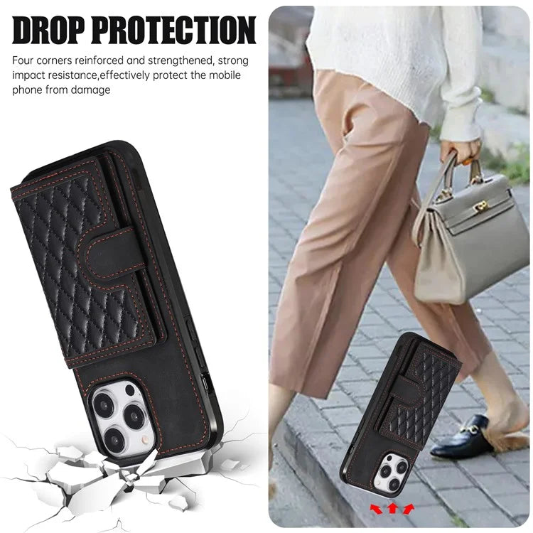 For iPhone 14 Pro Case Grid Imprinted Card Bag Leather TPU Cover with Strap