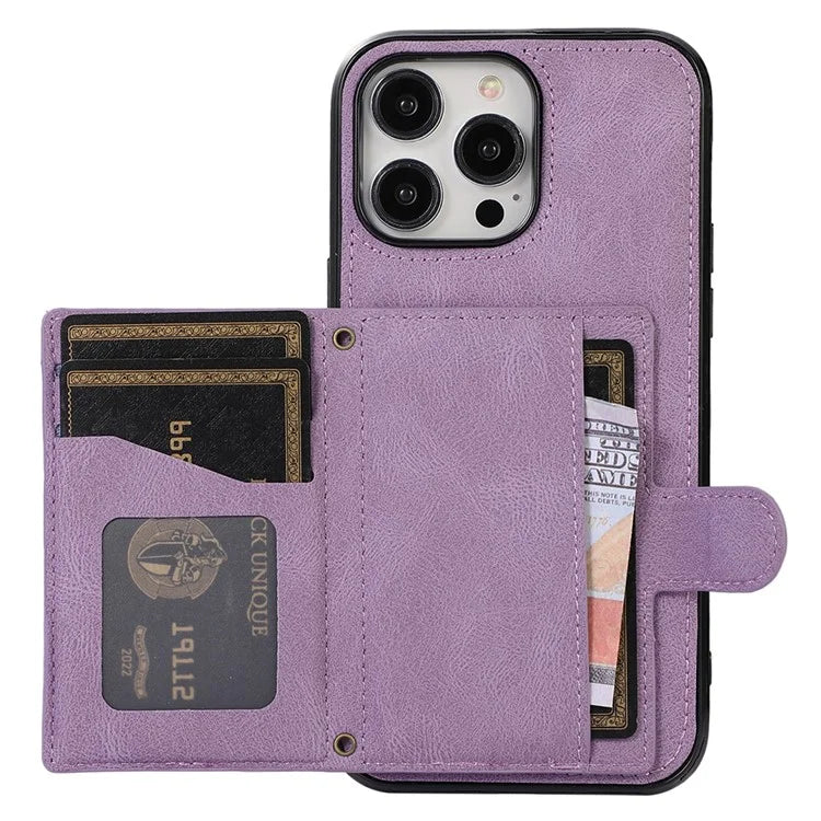 For iPhone 14 Pro Case Grid Imprinted Card Bag Leather TPU Cover with Strap