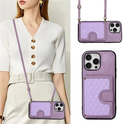 For iPhone 14 Pro Case Grid Imprinted Card Bag Leather TPU Cover with Strap