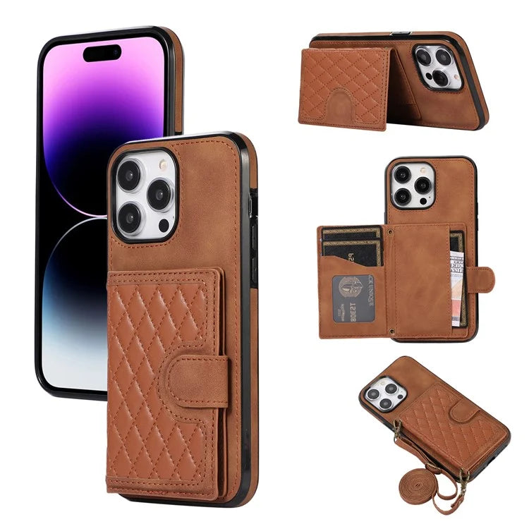 For iPhone 14 Pro Case Grid Imprinted Card Bag Leather TPU Cover with Strap