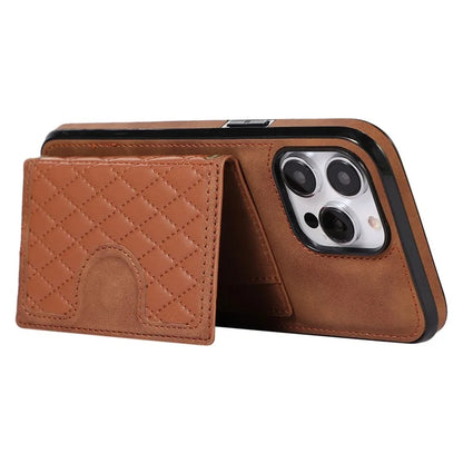 For iPhone 14 Pro Case Grid Imprinted Card Bag Leather TPU Cover with Strap