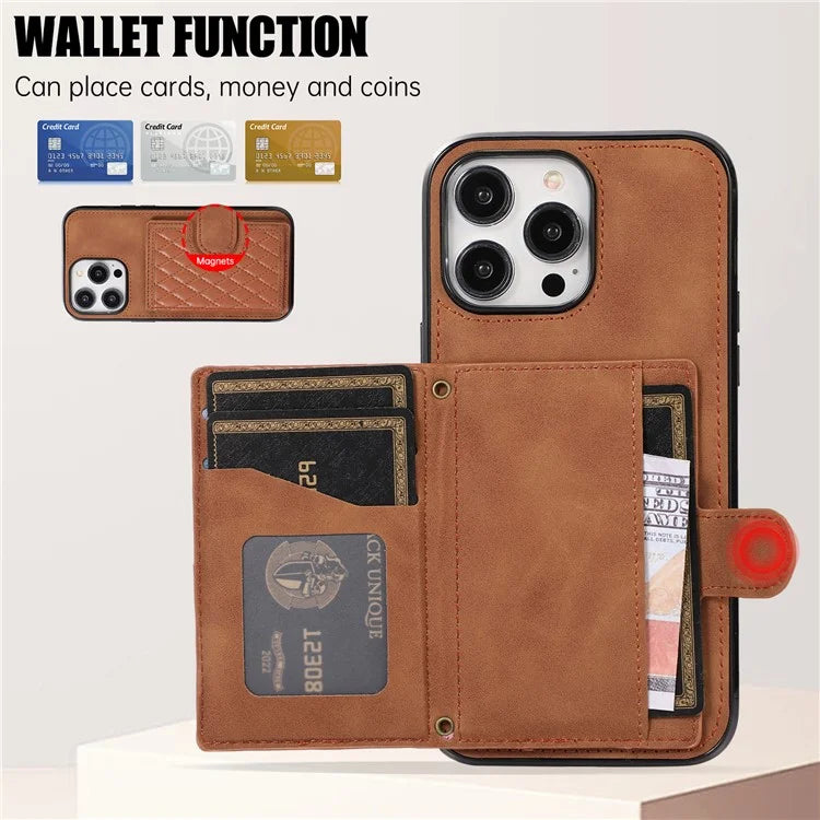 For iPhone 14 Pro Case Grid Imprinted Card Bag Leather TPU Cover with Strap