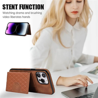 For iPhone 14 Pro Case Grid Imprinted Card Bag Leather TPU Cover with Strap