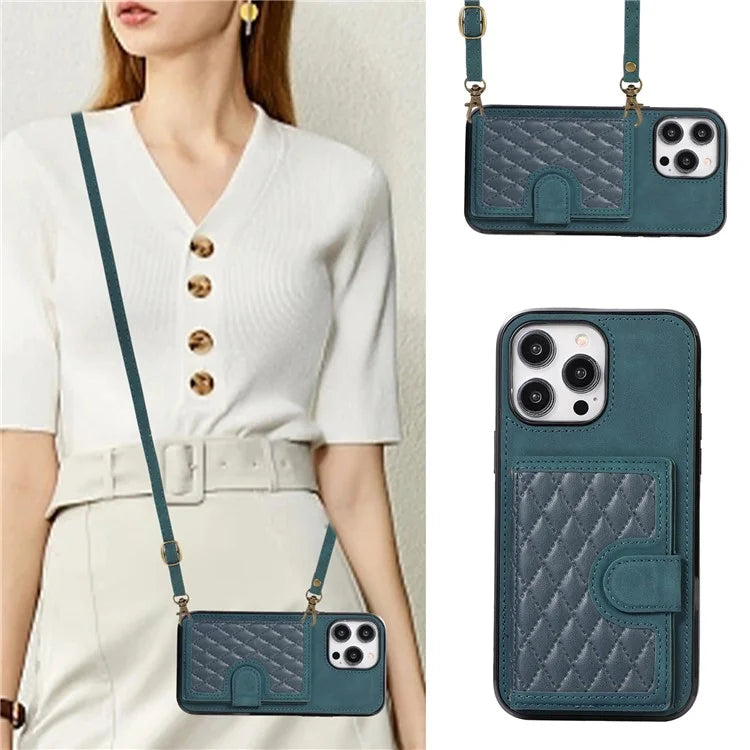 For iPhone 14 Pro Case Grid Imprinted Card Bag Leather TPU Cover with Strap
