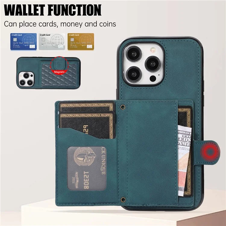 For iPhone 14 Pro Case Grid Imprinted Card Bag Leather TPU Cover with Strap