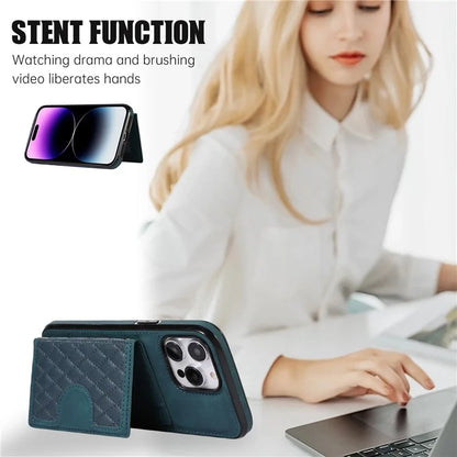 For iPhone 14 Pro Case Grid Imprinted Card Bag Leather TPU Cover with Strap
