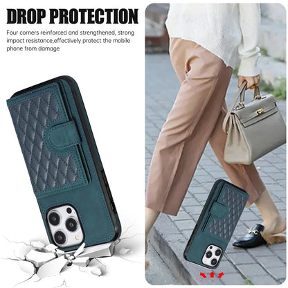 For iPhone 14 Pro Case Grid Imprinted Card Bag Leather TPU Cover with Strap