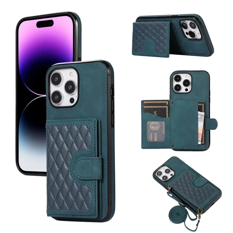 For iPhone 14 Pro Max Case Leather TPU Cover with Back Card Holder Shoulder Strap