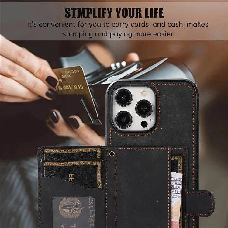 For iPhone 13 Pro Case Back Card Bag Leather TPU Cover with Shoulder Strap
