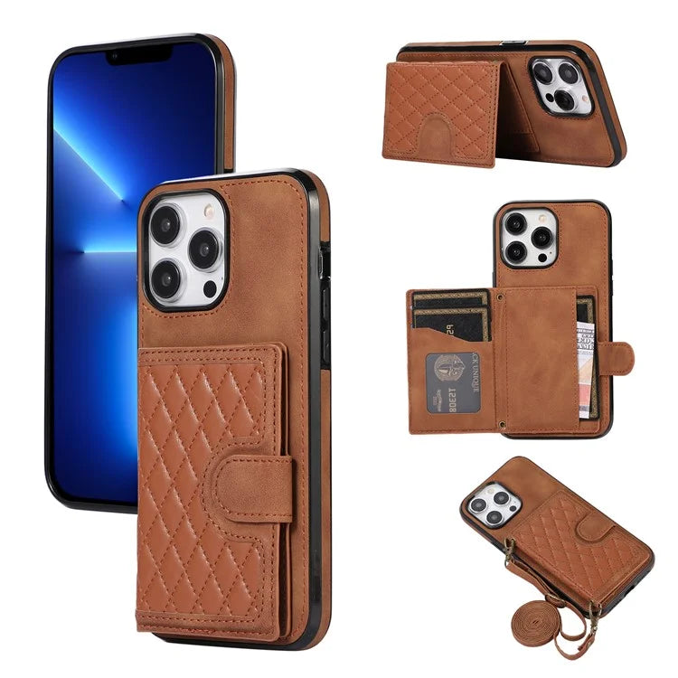 For iPhone 13 Pro Case Back Card Bag Leather TPU Cover with Shoulder Strap