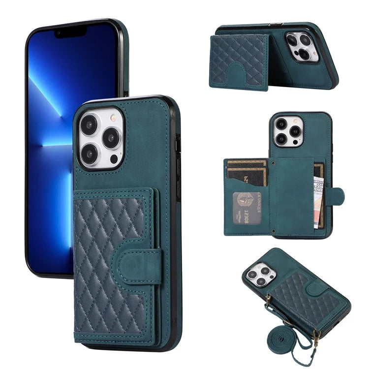 For iPhone 13 Pro Case Back Card Bag Leather TPU Cover with Shoulder Strap