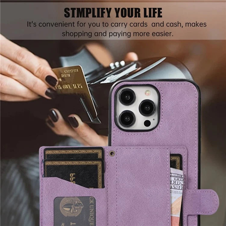 For iPhone 12 Pro Max Card Bag Case Leather TPU Back Cover with Shoulder Strap