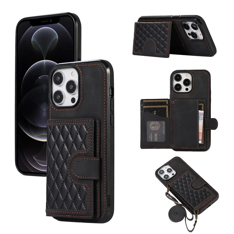 For iPhone 12 Pro Max Card Bag Case Leather TPU Back Cover with Shoulder Strap