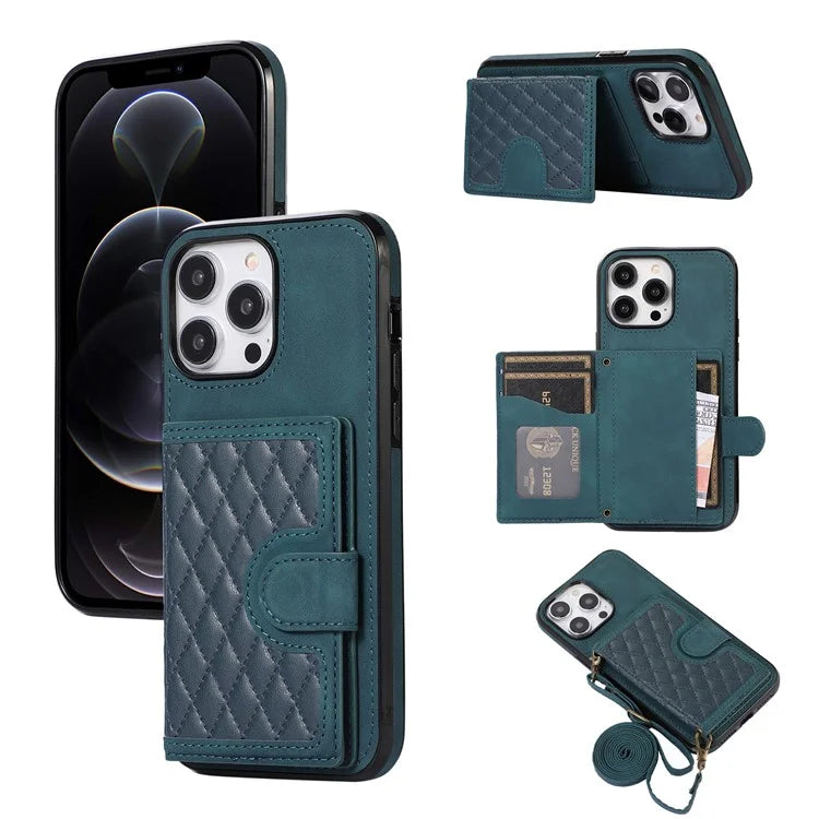 For iPhone 12 Pro Max Card Bag Case Leather TPU Back Cover with Shoulder Strap