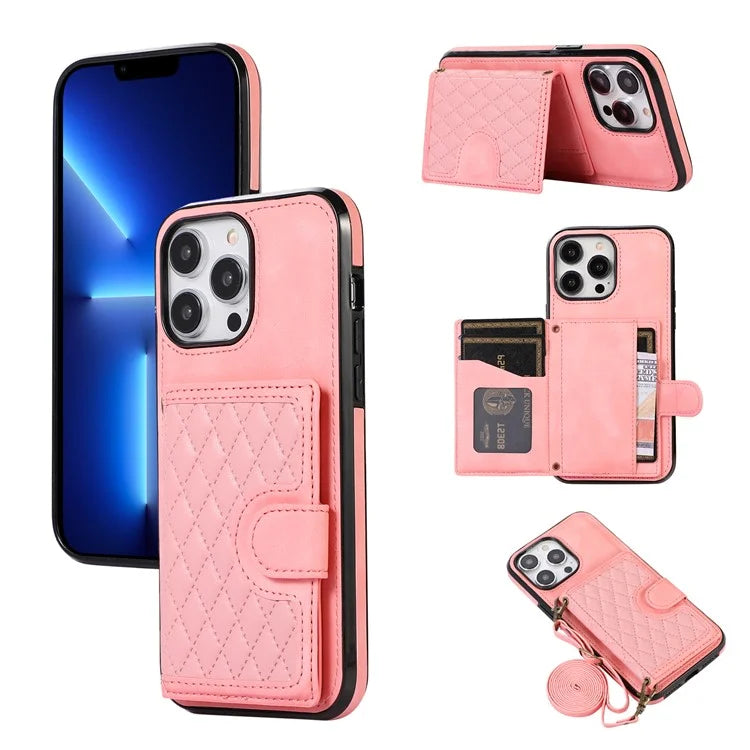 For iPhone 13 Pro Max Back Cover with Card Holder Stand Leather TPU Case