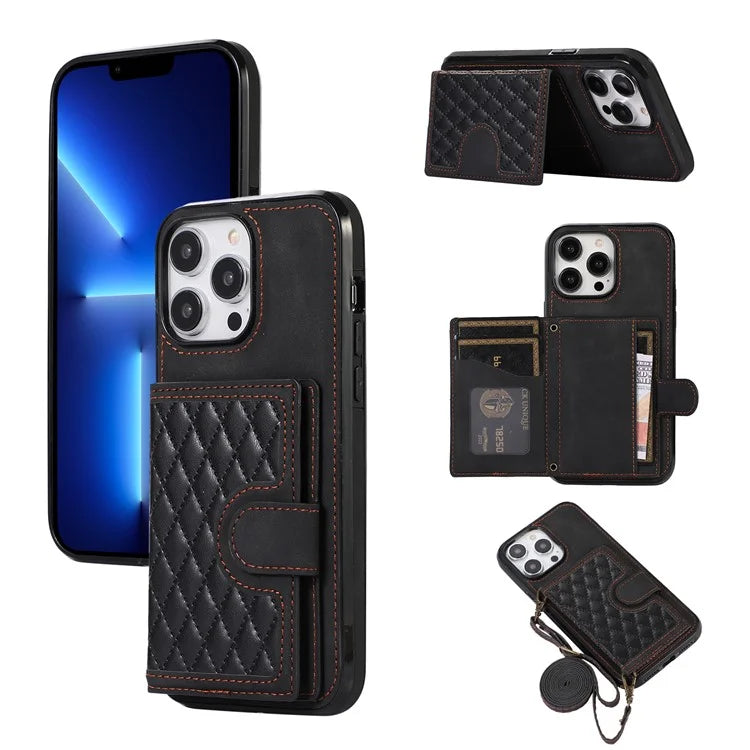 For iPhone 13 Pro Max Back Cover with Card Holder Stand Leather TPU Case