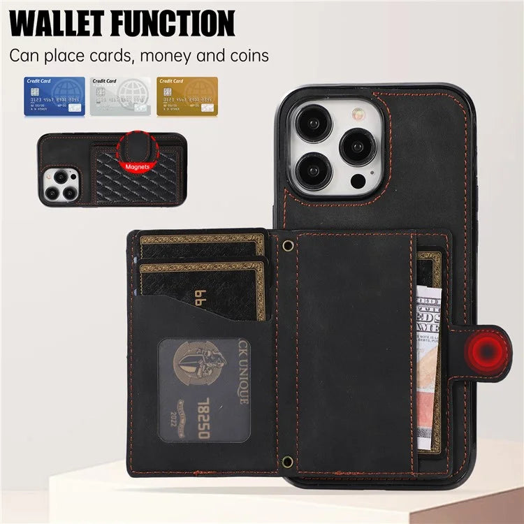 For iPhone 13 Pro Max Back Cover with Card Holder Stand Leather TPU Case