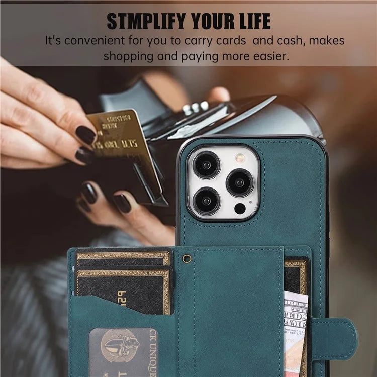 For iPhone 13 Pro Max Back Cover with Card Holder Stand Leather TPU Case