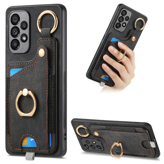 For Samsung Galaxy A13 4G Case Leather Back Cover with Card Bag Ring Kickstand