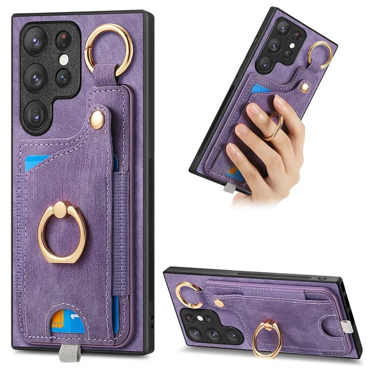 For Samsung Galaxy S22 Ultra 5G Leather Back Case Cover with Ring Holder Card Slot
