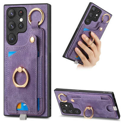 For Samsung Galaxy S22 Ultra 5G Leather Back Case Cover with Ring Holder Card Slot