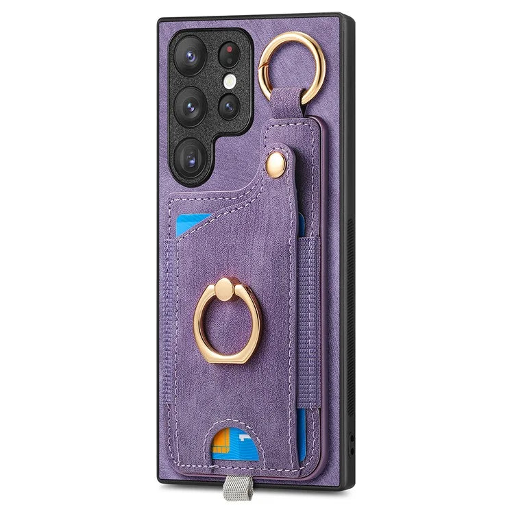 For Samsung Galaxy S22 Ultra 5G Leather Back Case Cover with Ring Holder Card Slot