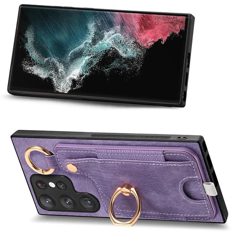 For Samsung Galaxy S22 Ultra 5G Leather Back Case Cover with Ring Holder Card Slot