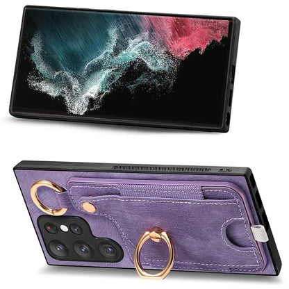 For Samsung Galaxy S22 Ultra 5G Leather Back Case Cover with Ring Holder Card Slot