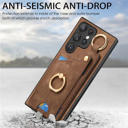 For Samsung Galaxy S22 Ultra 5G Leather Back Case Cover with Ring Holder Card Slot