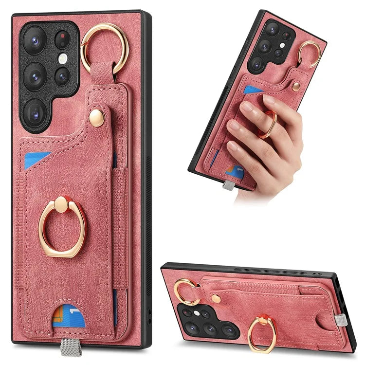 For Samsung Galaxy S22 Ultra 5G Leather Back Case Cover with Ring Holder Card Slot