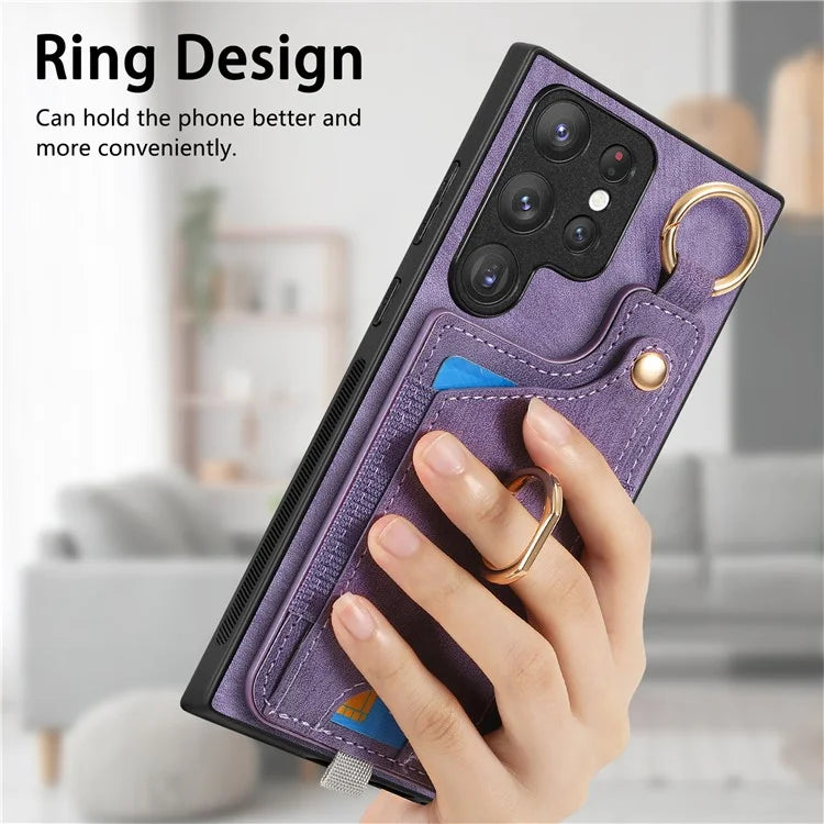 For Samsung Galaxy S22 Ultra 5G Leather Back Case Cover with Ring Holder Card Slot
