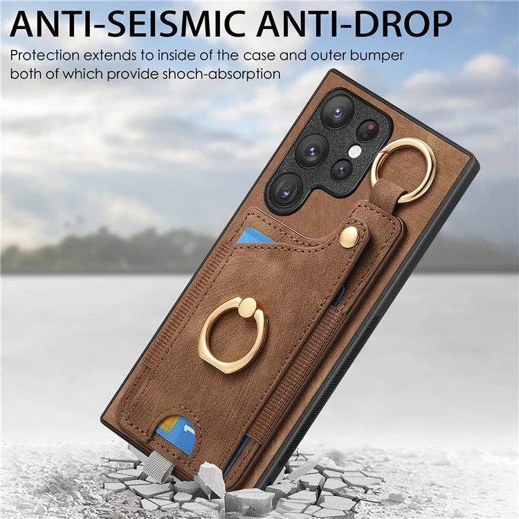 For Samsung Galaxy S22 Ultra 5G Leather Back Case Cover with Ring Holder Card Slot
