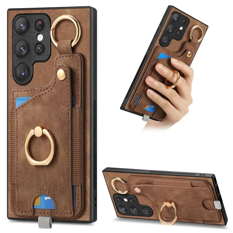 For Samsung Galaxy S22 Ultra 5G Leather Back Case Cover with Ring Holder Card Slot