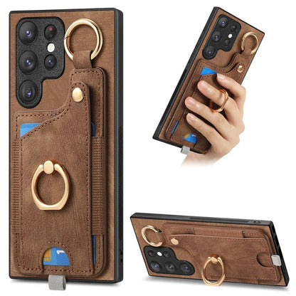 For Samsung Galaxy S22 Ultra 5G Leather Back Case Cover with Ring Holder Card Slot