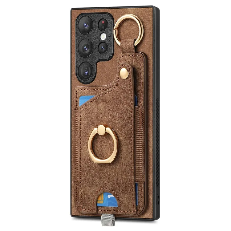 For Samsung Galaxy S22 Ultra 5G Leather Back Case Cover with Ring Holder Card Slot