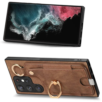 For Samsung Galaxy S22 Ultra 5G Leather Back Case Cover with Ring Holder Card Slot