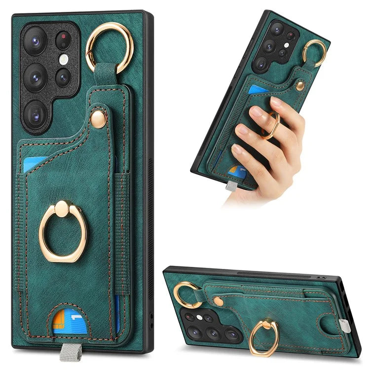 For Samsung Galaxy S22 Ultra 5G Leather Back Case Cover with Ring Holder Card Slot