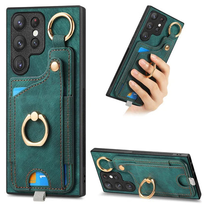 For Samsung Galaxy S22 Ultra 5G Leather Back Case Cover with Ring Holder Card Slot