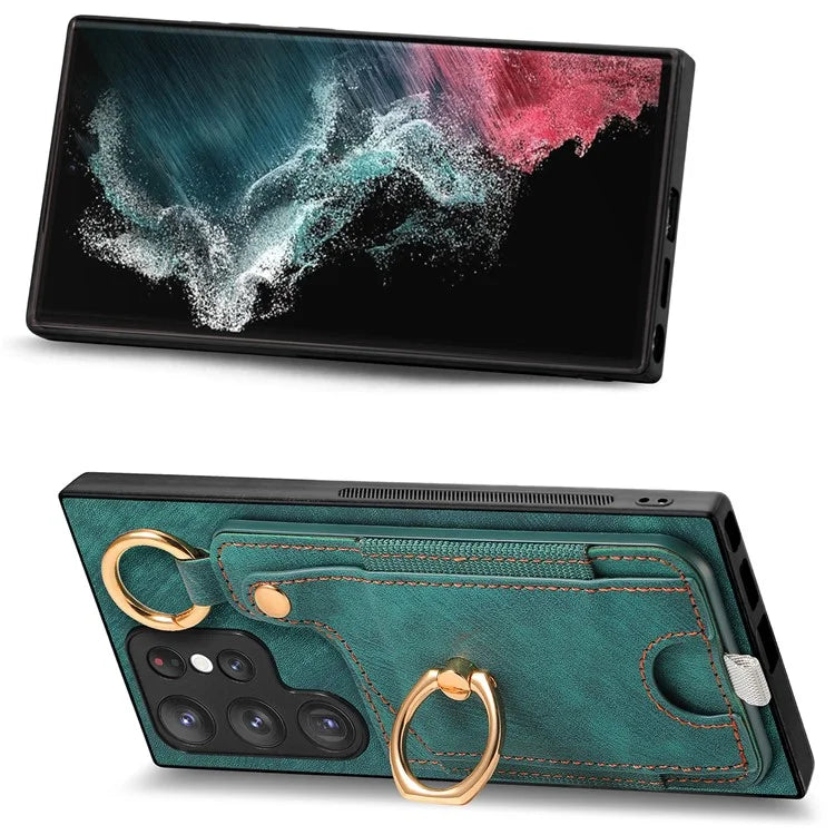 For Samsung Galaxy S22 Ultra 5G Leather Back Case Cover with Ring Holder Card Slot