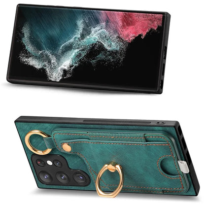 For Samsung Galaxy S22 Ultra 5G Leather Back Case Cover with Ring Holder Card Slot