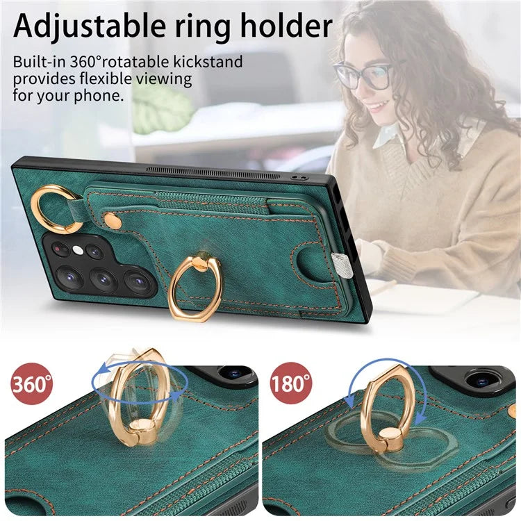 For Samsung Galaxy S22 Ultra 5G Leather Back Case Cover with Ring Holder Card Slot
