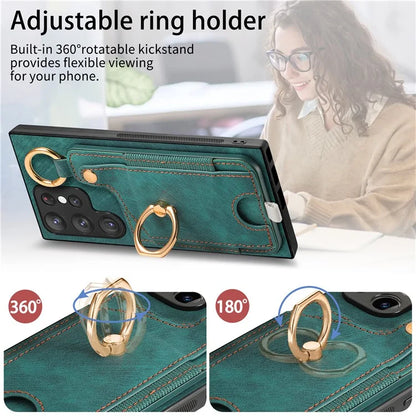 For Samsung Galaxy S22 Ultra 5G Leather Back Case Cover with Ring Holder Card Slot